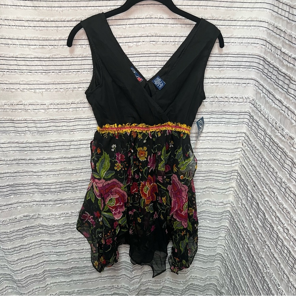 Phool Black Floral Chiffon Babydoll Tunic Top Boho Bollywood Cottagecore Size 6